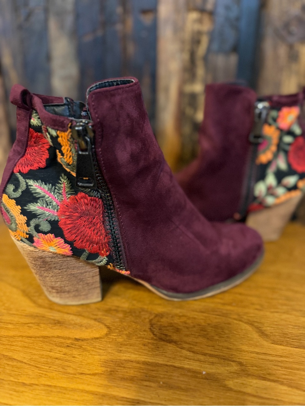 Vintage Havana Braxton Burgundy Suede Floral Embroidered Ankle Boots Boho fall